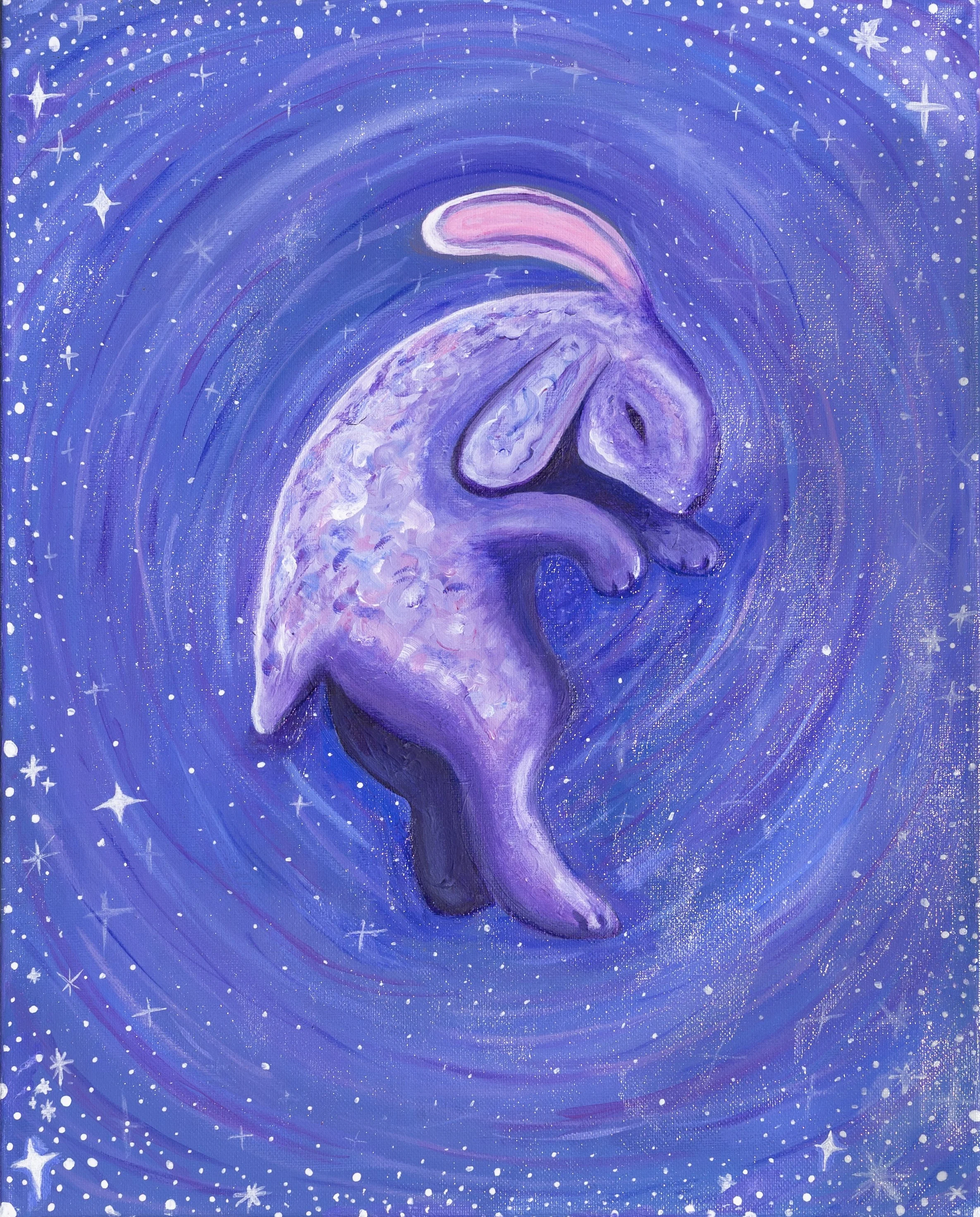 A colorful painting of a whale in space, with stars and swirling blue backgrounds.