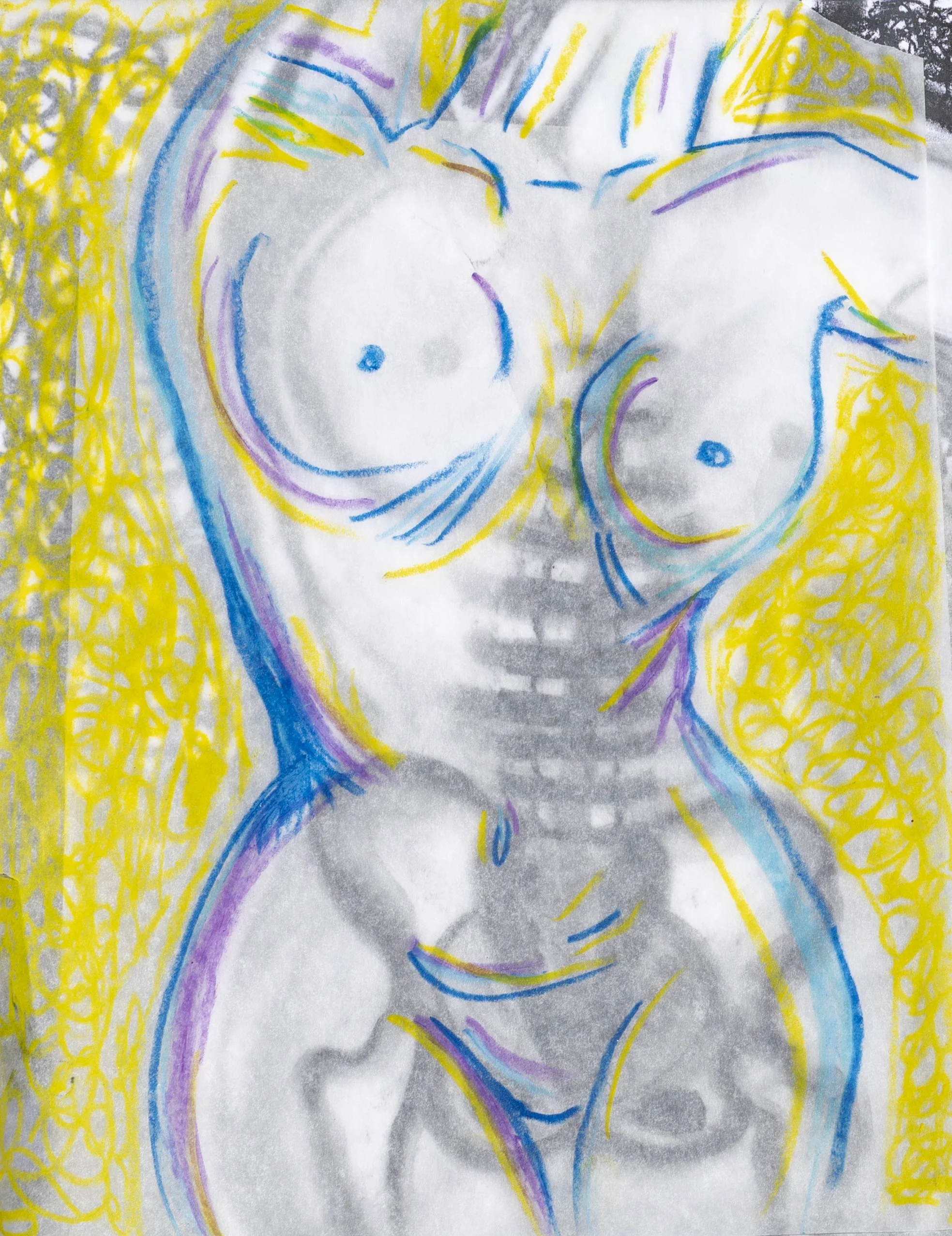 Colorful abstract drawing of a female nude figure with long yellow hair, outlined in blue, purple, and yellow with soft gray shading.