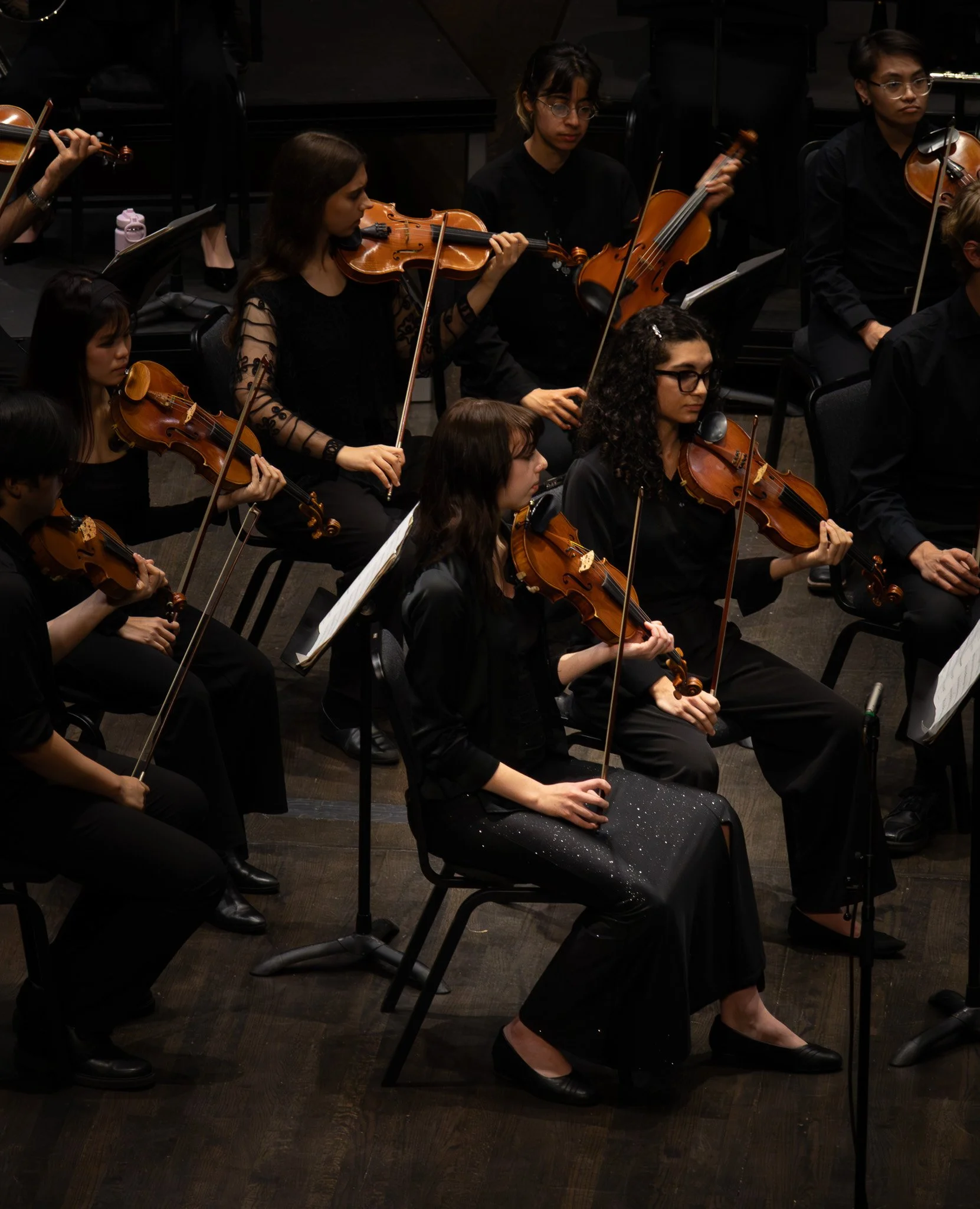 Orchestra musicians playing violins on a stage, dressed in black, in a concert hall.
