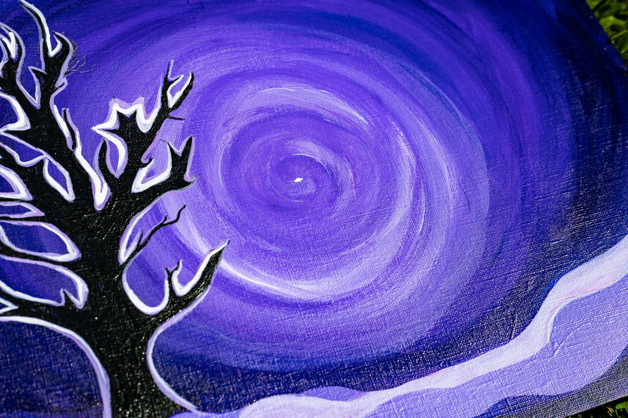 An abstract painting with shades of purple featuring white and black tree-like shapes on the left side, swirling purple patterns in the background, and a textured surface.