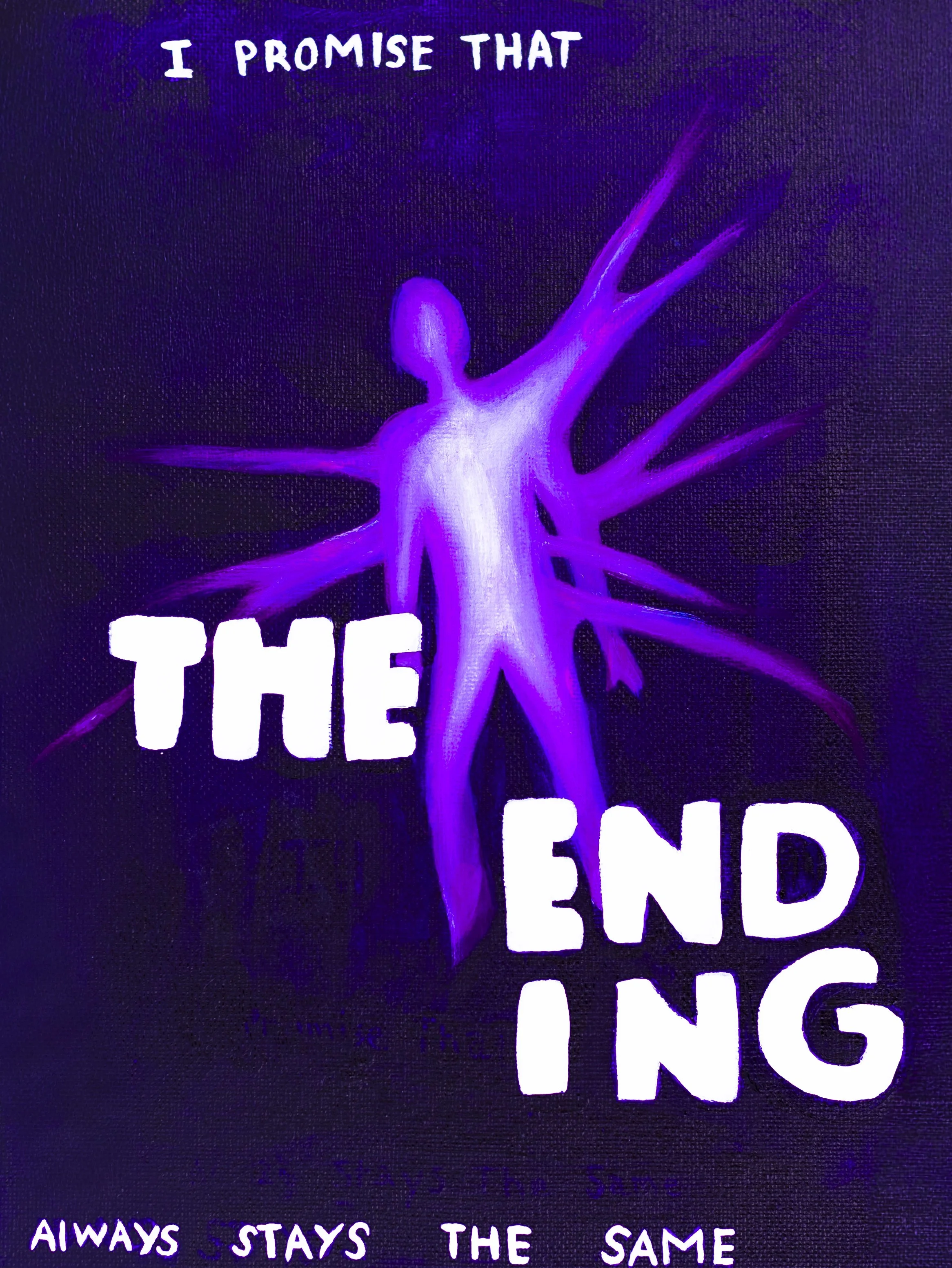 Purple neon-style illustration of a figure with outstretched arms and multiple spiky extensions, with text reading, "I PROMISE THAT ONE DAY THE PAST ENDS. ALWAYS STAYS THE SAME."