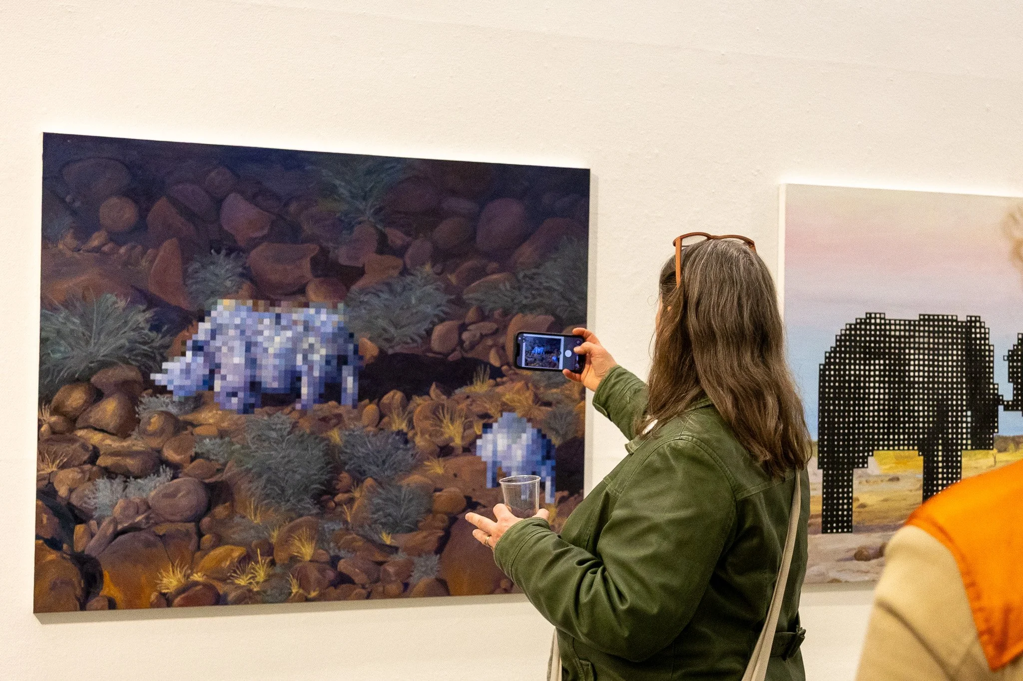 A woman with long gray hair, wearing glasses and a green jacket, is taking a photo of artwork in an art gallery. The artwork appears to be a landscape painting with rocks and plants, but the lower part is pixelated.