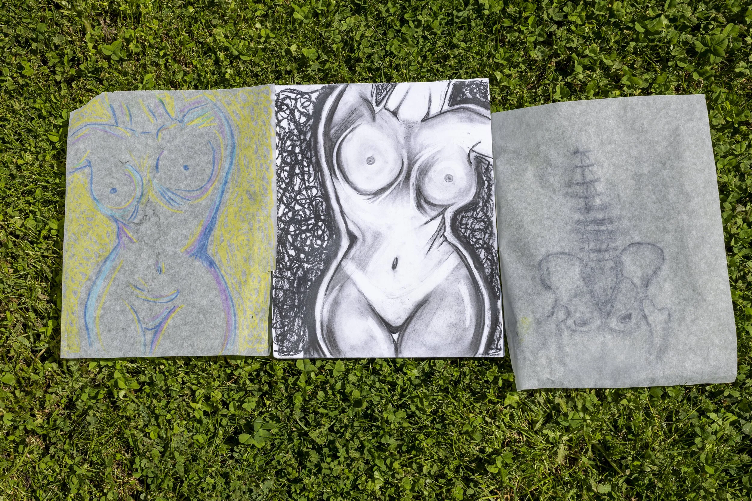 Three pieces of artwork on gray paper placed on grass. The first on the left is a colorful, abstract sketch of a female figure with open hair. The middle artwork is a black and white sketch of a female nude with detailed curly hair, depicted from the chest up, looking downward. The right piece appears to be a faint gray sketch of a cartoonish character or object.