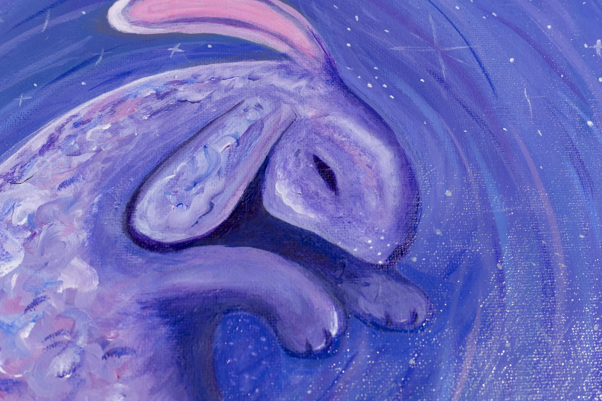 Abstract painting with swirls of purple, pink, and blue, featuring star-like white dots.