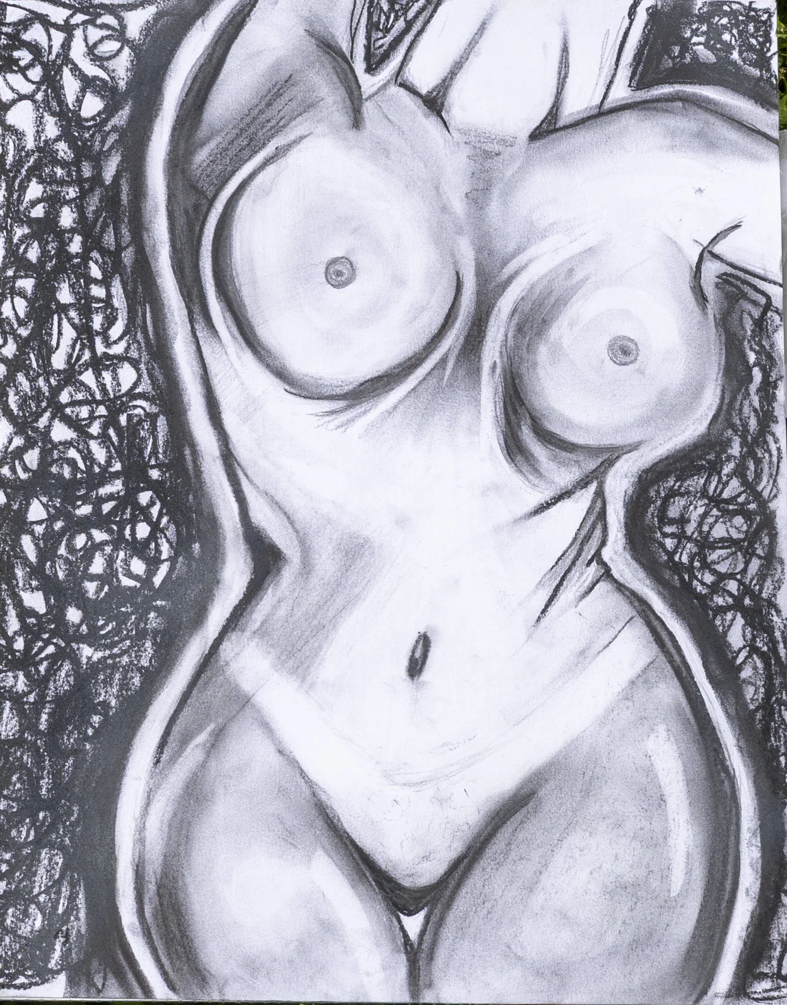 A black and white sketch of a reclining woman with large breasts, lying on her back. The woman has curly hair on one side, and her body is partially covered with draped cloth.