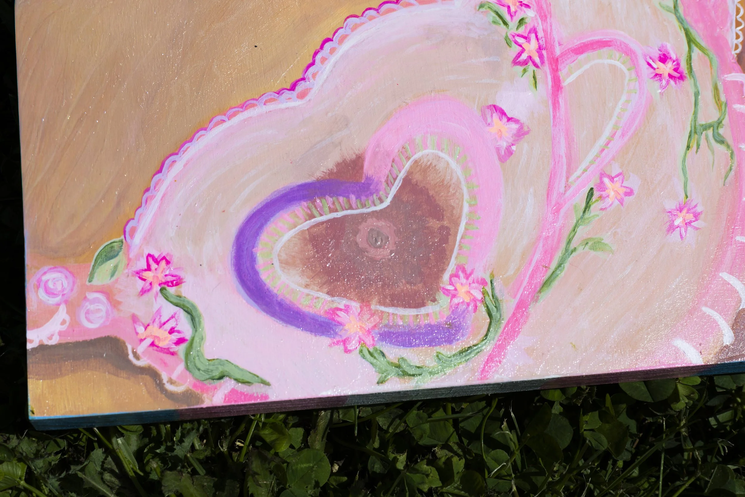 A rainbow painted on a pink background, decorated with pink flowers and green vines.