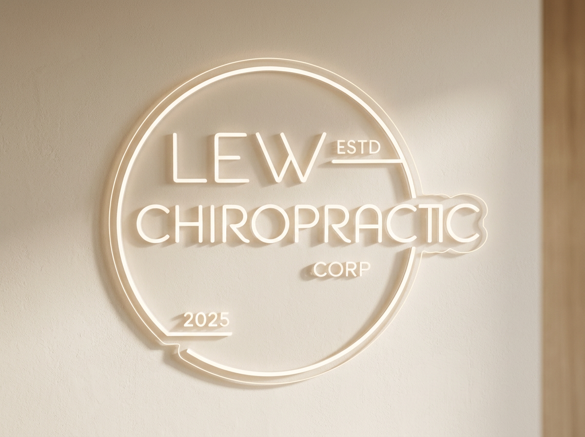 Neon sign reading "LEW Chiropractic" with additional text "ESTD", "CORP", and the year "2025" in a circular design on a wall.