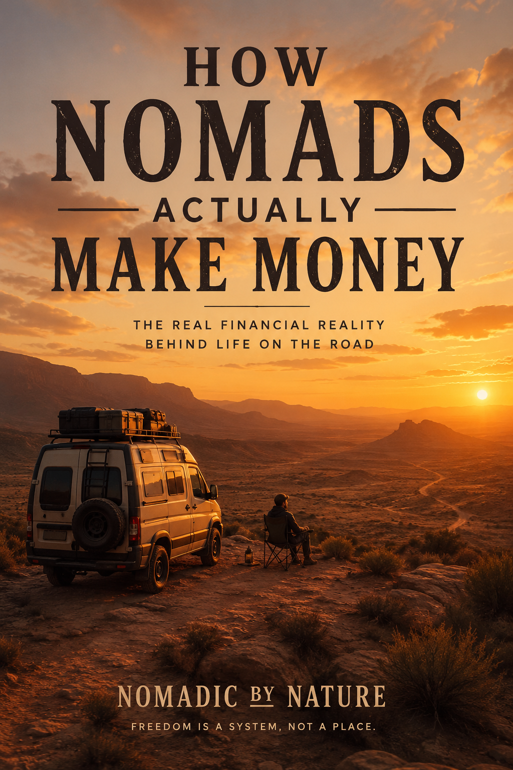 Book cover titled "How Nomads Actually Make Money" featuring a sunset over a desert landscape with a van and a person sitting in a camping chair.