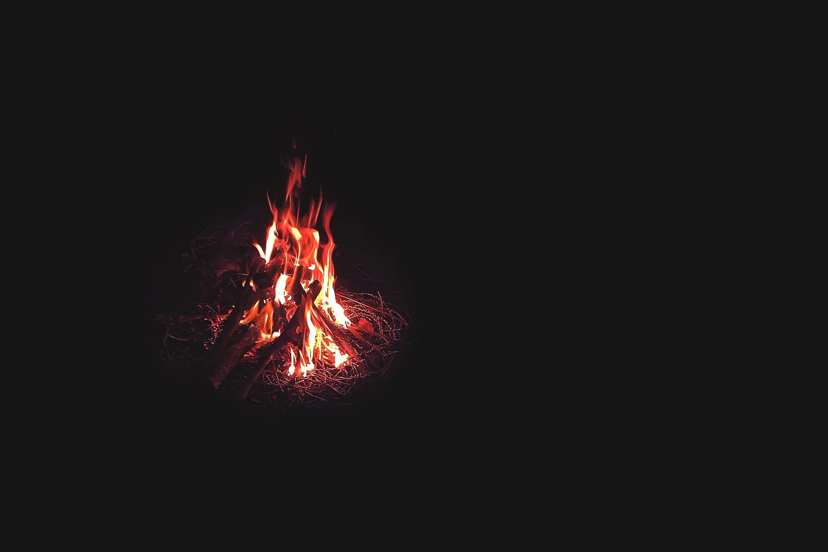 A campfire with burning logs and flames against a dark night background.