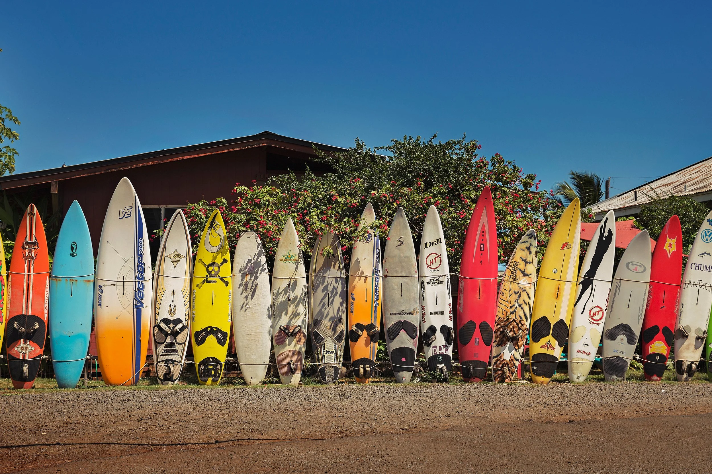 Row of colorful surfboards standing vertically behind a gravel path with a house and trees in the background under a clear blue sky, Maui, Hawaii.