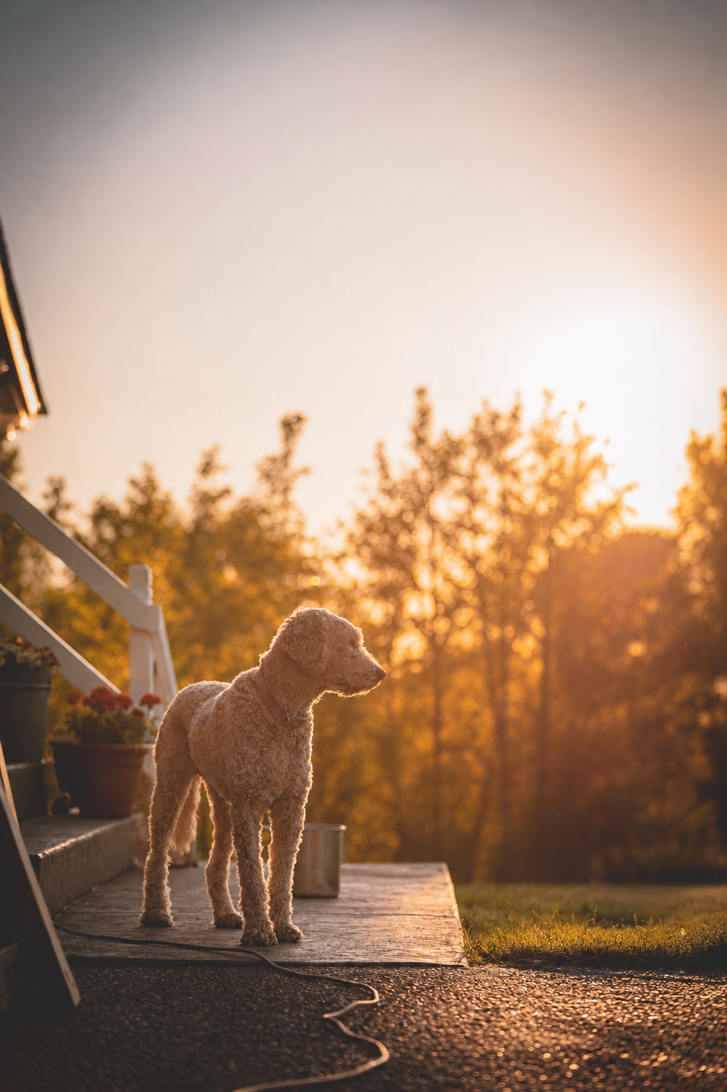 A dog standing on a porch during sunset with warm sunlight and trees in the background.
