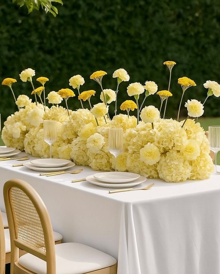 White tablecloth-covered table decorated with cream-colored hydrangea and yellow flowers, set with white plates, gold flatware, and clear glassware, outdoors with greenery in the background.