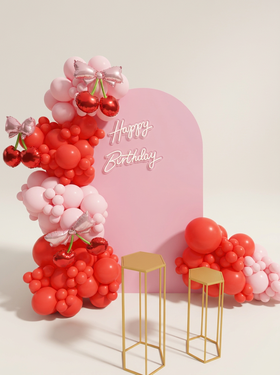 Decorative pink and red balloon arrangement with cherries and bows, pink neon sign reading 'Happy Birthday', and two gold tables against a pink backdrop.