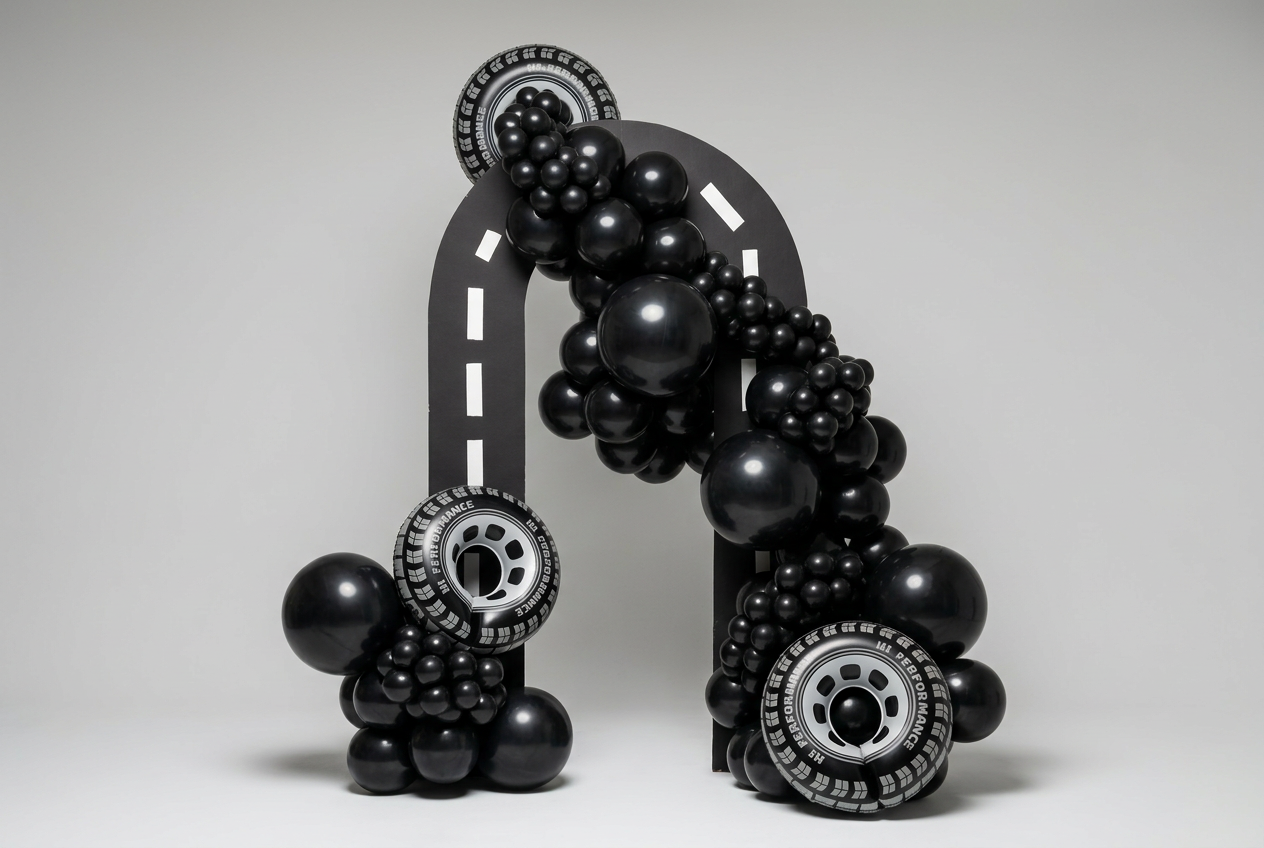 Decorative black balloon arrangement with car tire theme, including car tires and progress speedometer designs, arranged around a black arch and road sign, on a plain light gray background.
