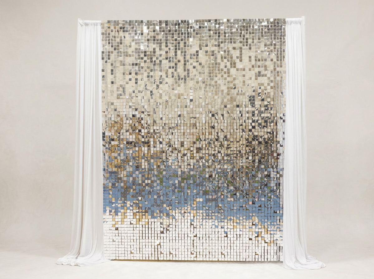 Large mosaic artwork with a white curtain on each side, displaying an abstract mosaic pattern with shades of beige, blue, and gold.