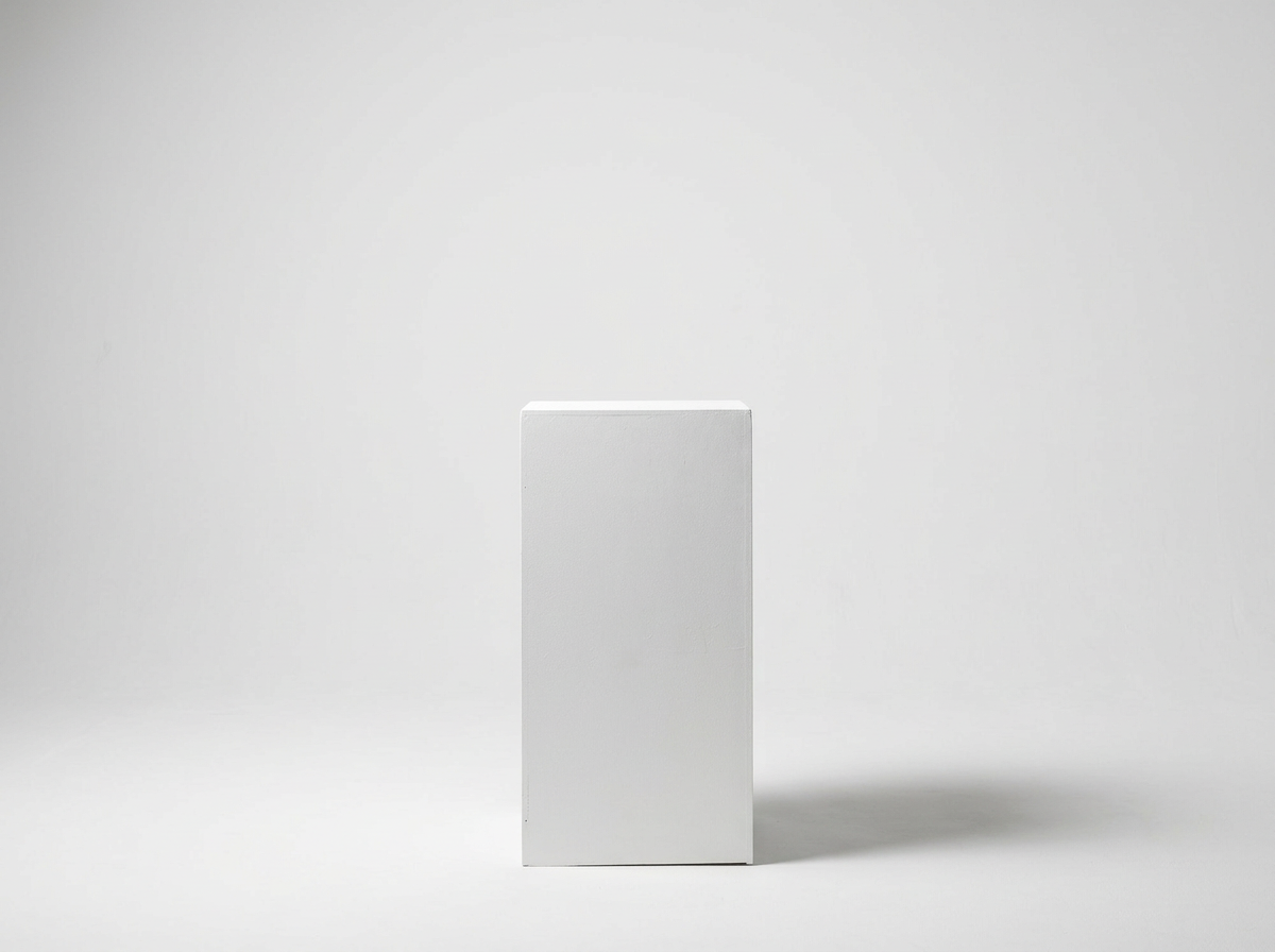 A tall, rectangular, silver-colored box standing on a white surface with a white background.