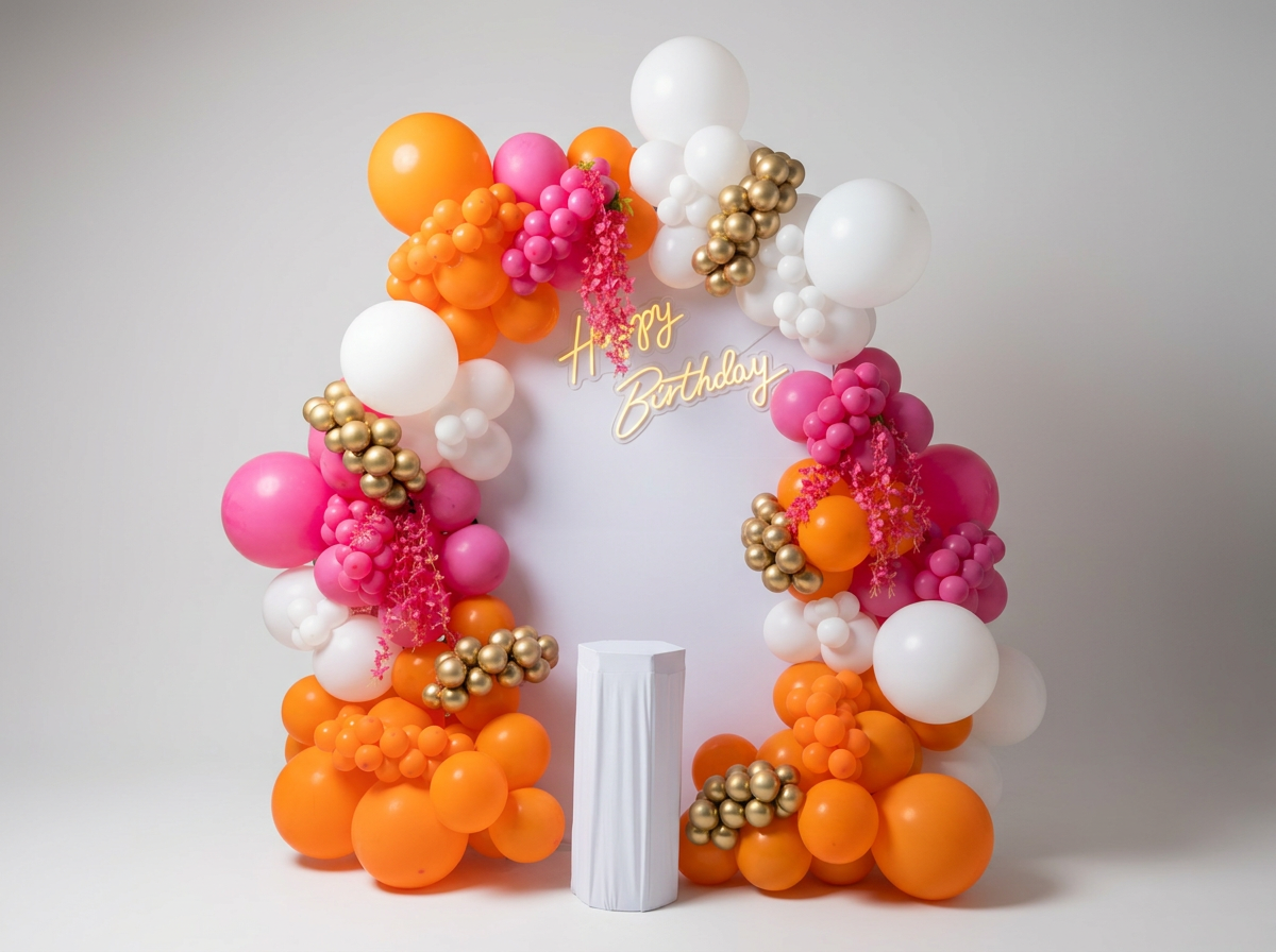 Colorful birthday balloon arch with white, pink, orange, and gold balloons, featuring a "Happy Birthday" sign center-top, against a plain light background.