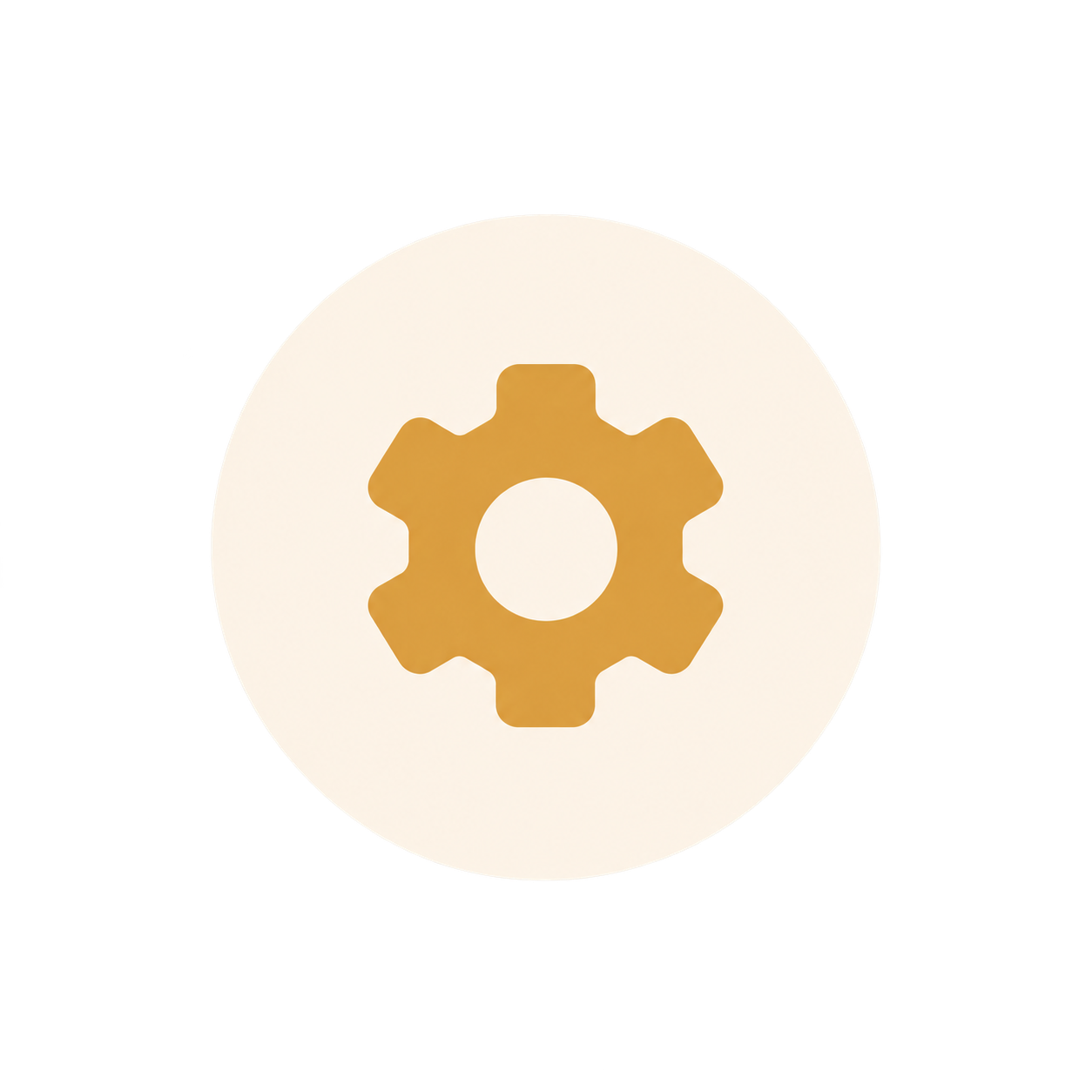 Gold gear icon centered on a white circle background.