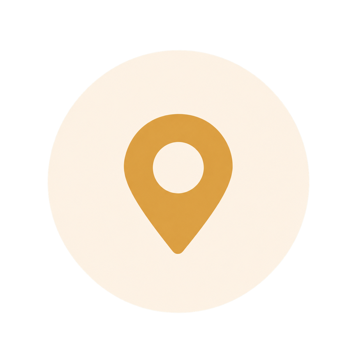 Map pin icon in gold color on a white circular background.