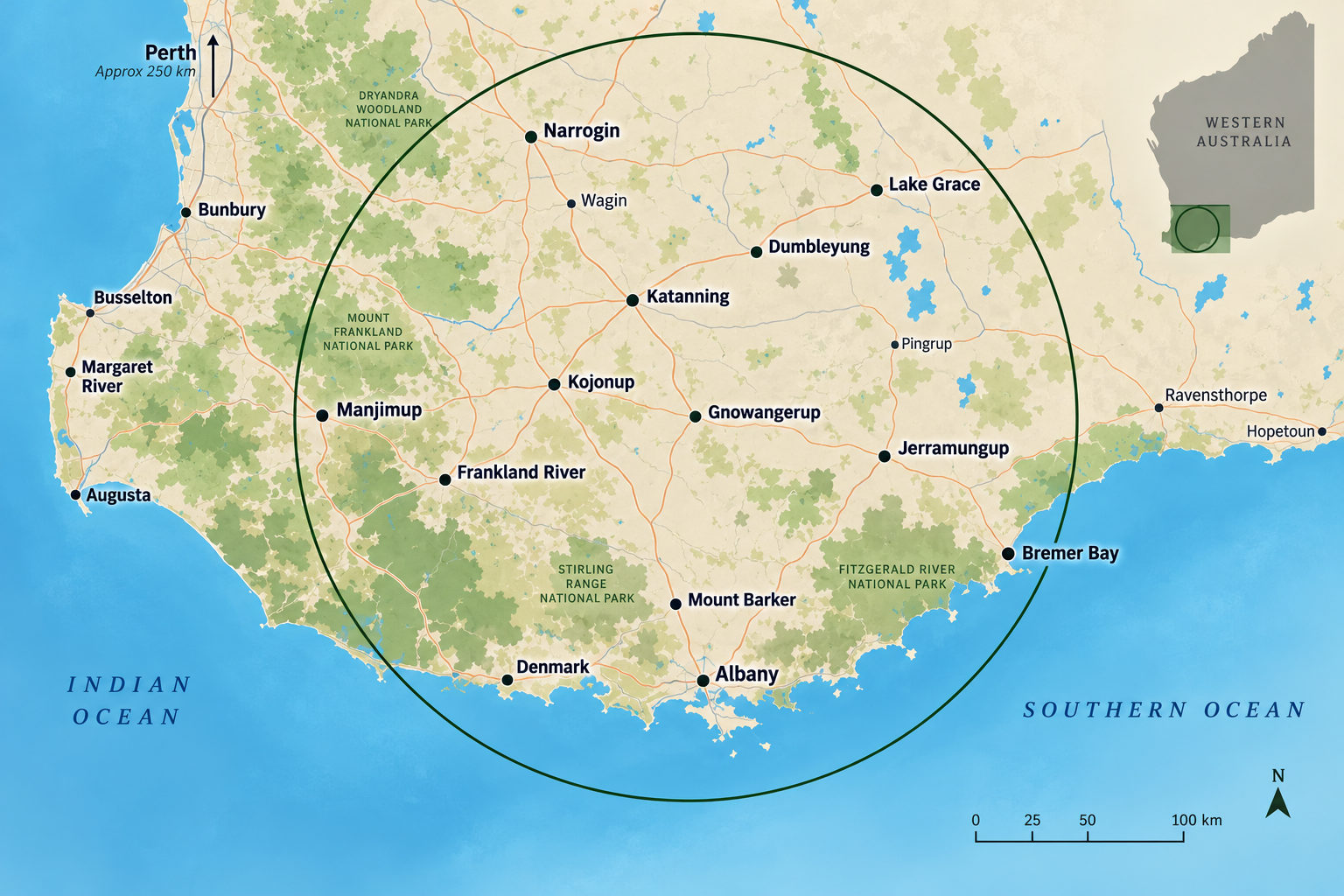 Map of southwestern Australia showing cities, national parks, and surrounding oceans, with a dotted green circle indicating a specific area.