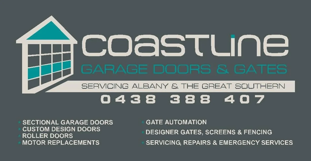 Business card for Coastal Garage Doors & Gates with a logo of a garage door and house roof, serving Albany and the southern region, phone number 0438 388 407, listing services like garage doors, gates, automation, and repairs.