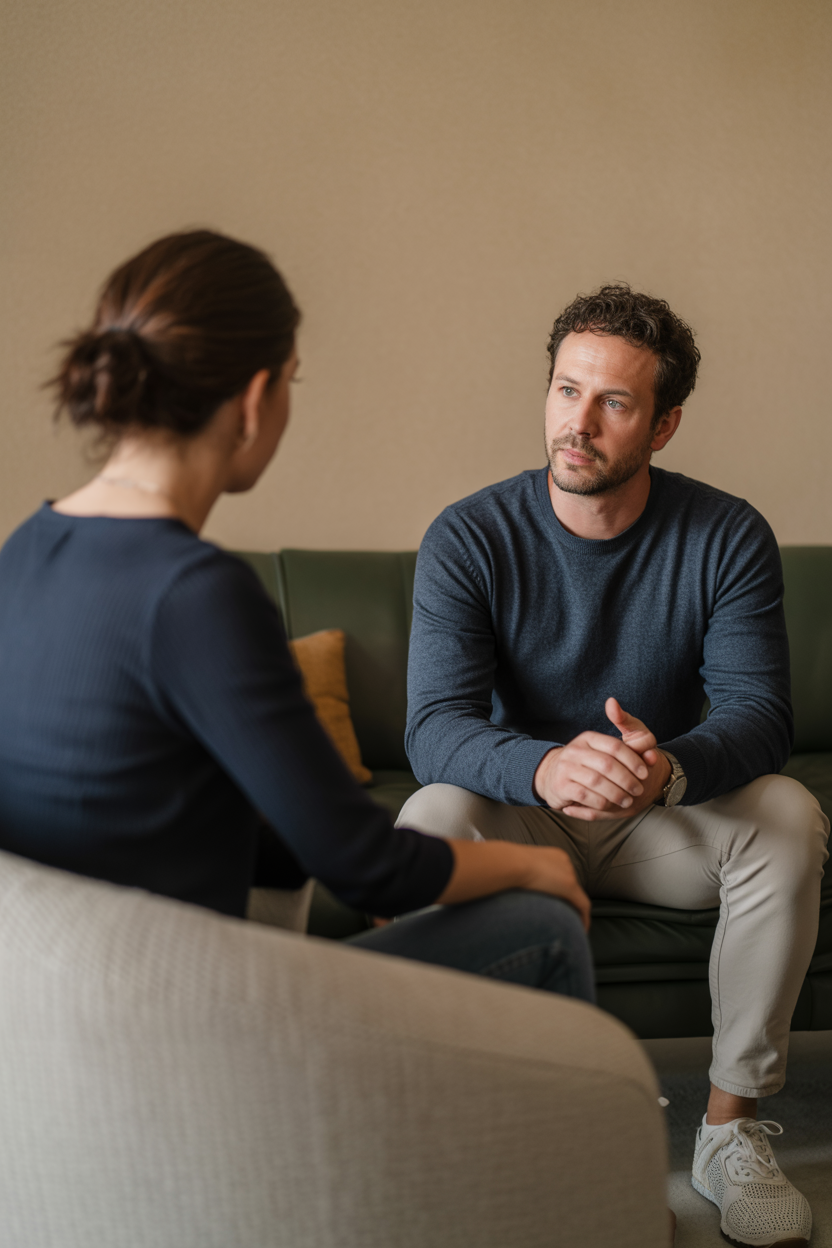 A man and a woman in a counseling session, sitting on a couch, engaged in conversation.