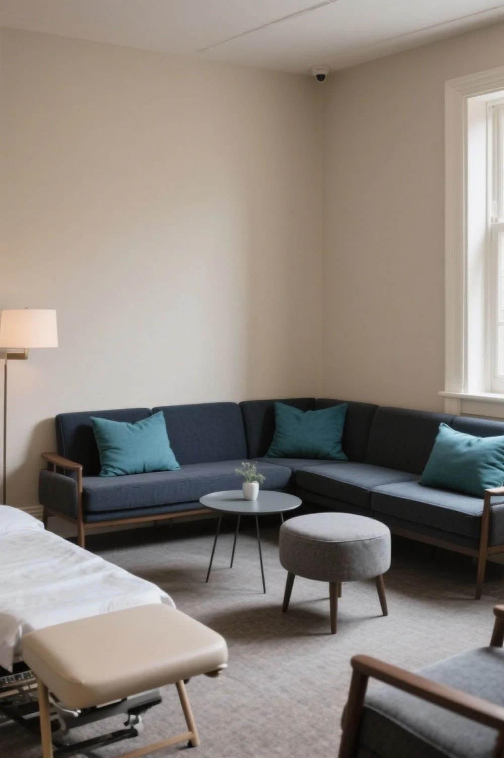 Living room with a dark blue sectional sofa, teal pillows, a small white coffee table with a plant, a gray ottoman, a beige medical chair, a floor lamp, and a window with white trim.
