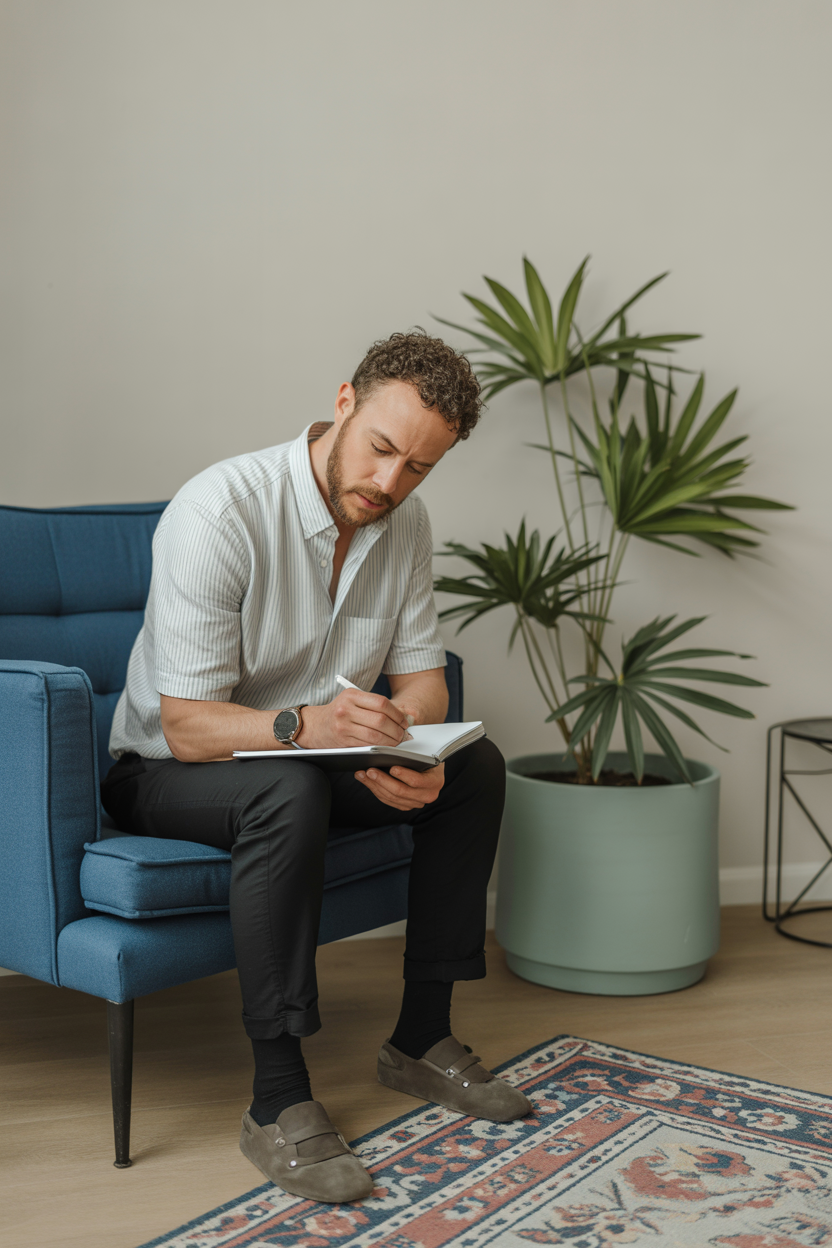 A man with curly hair and a beard sitting on a blue couch, writing in a notebook, with a large potted plant and minimalist side table in the background.