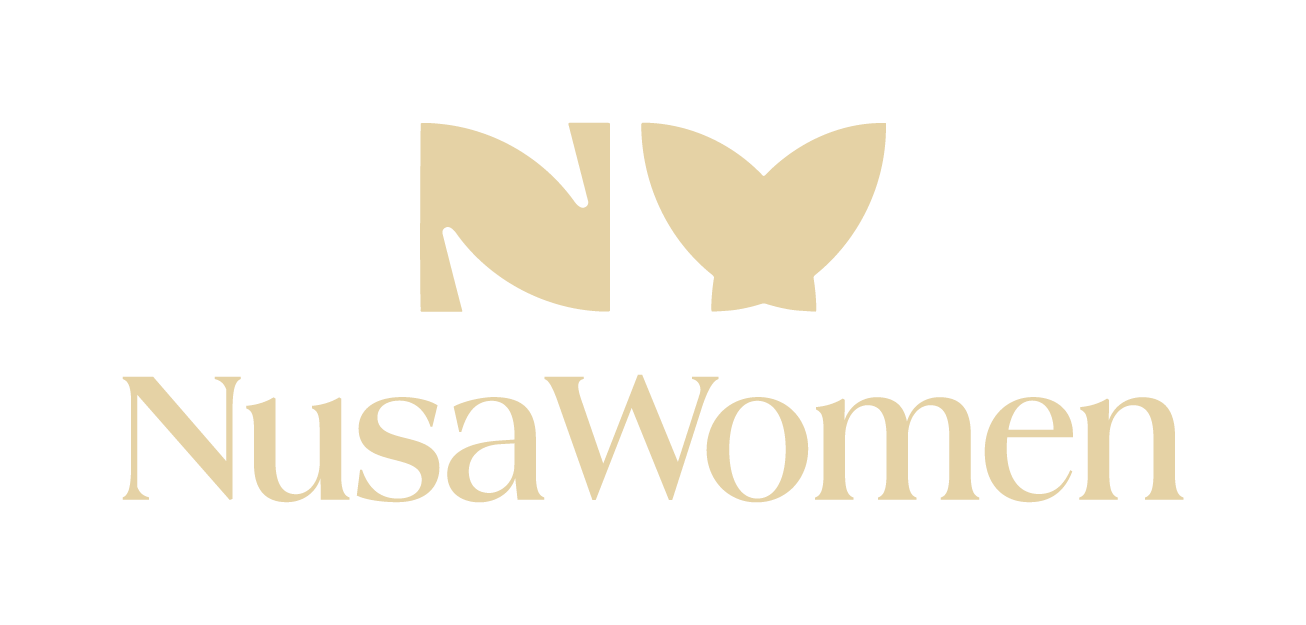 Logo with stylized leaves and the text 'NusaWomen' in beige color.