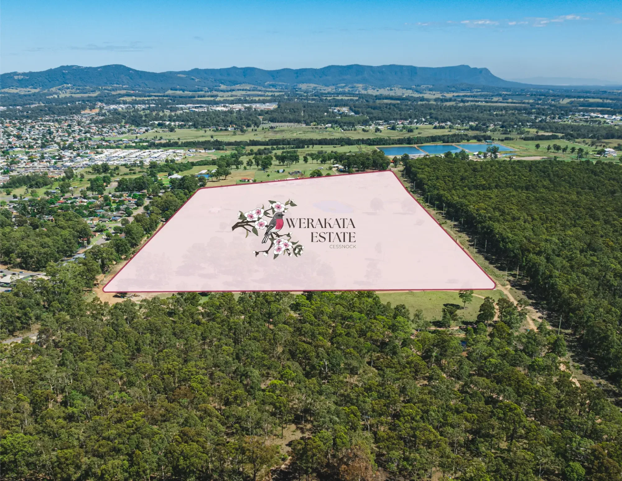 Aerial view of site labelled Werakata Estate surrounded by trees, with Cessnock town centre in and mountains the background.