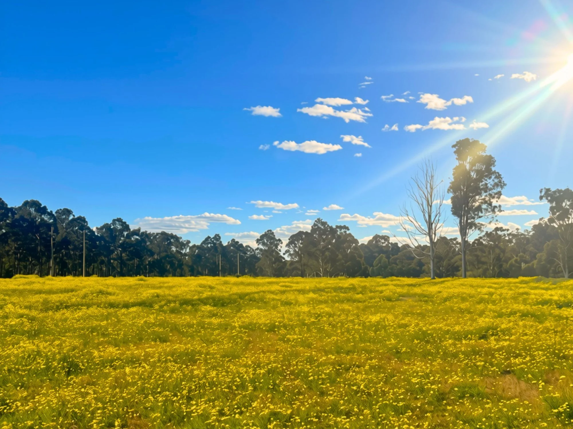 A large open field filled in Werakata Estate with yellow flowers, with a line of trees in the background under a bright blue sky with a few scattered clouds and the sun shining from the top right corner.