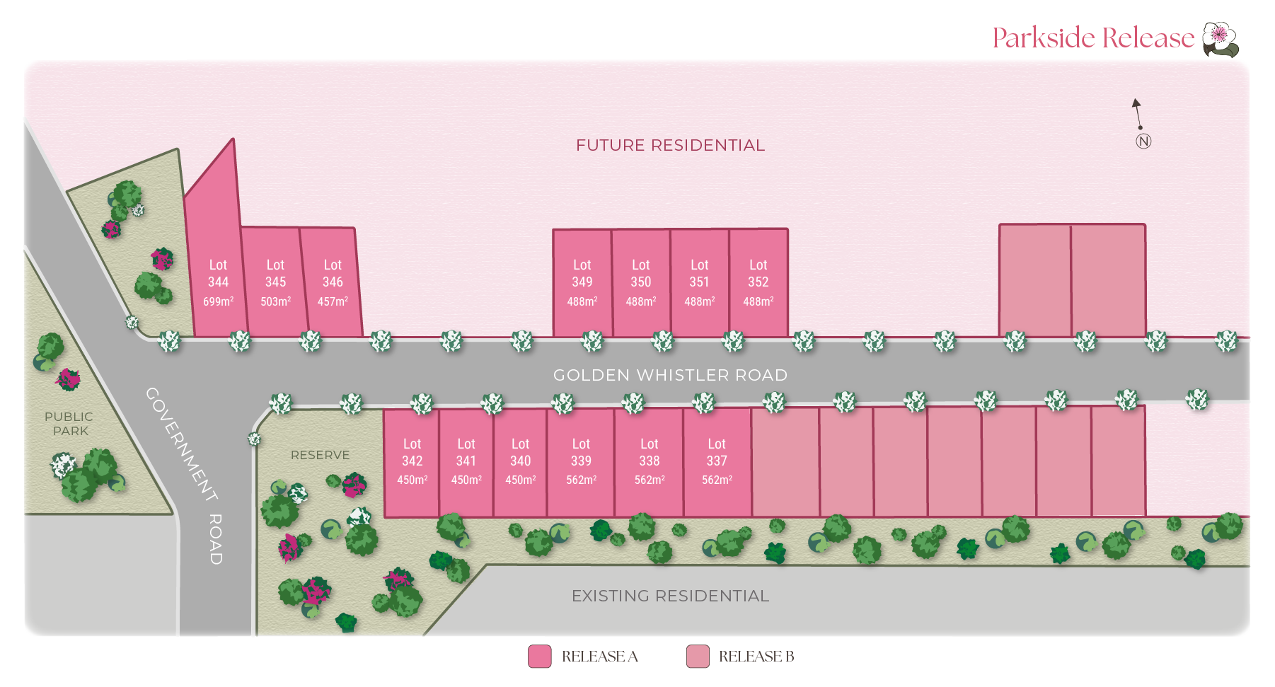 Site plan showing Werakata Estate Parkside Release residential development along Golden Whistler Road. Future residential area shown above. A reserve area with trees is located near the entrance from Government Road.