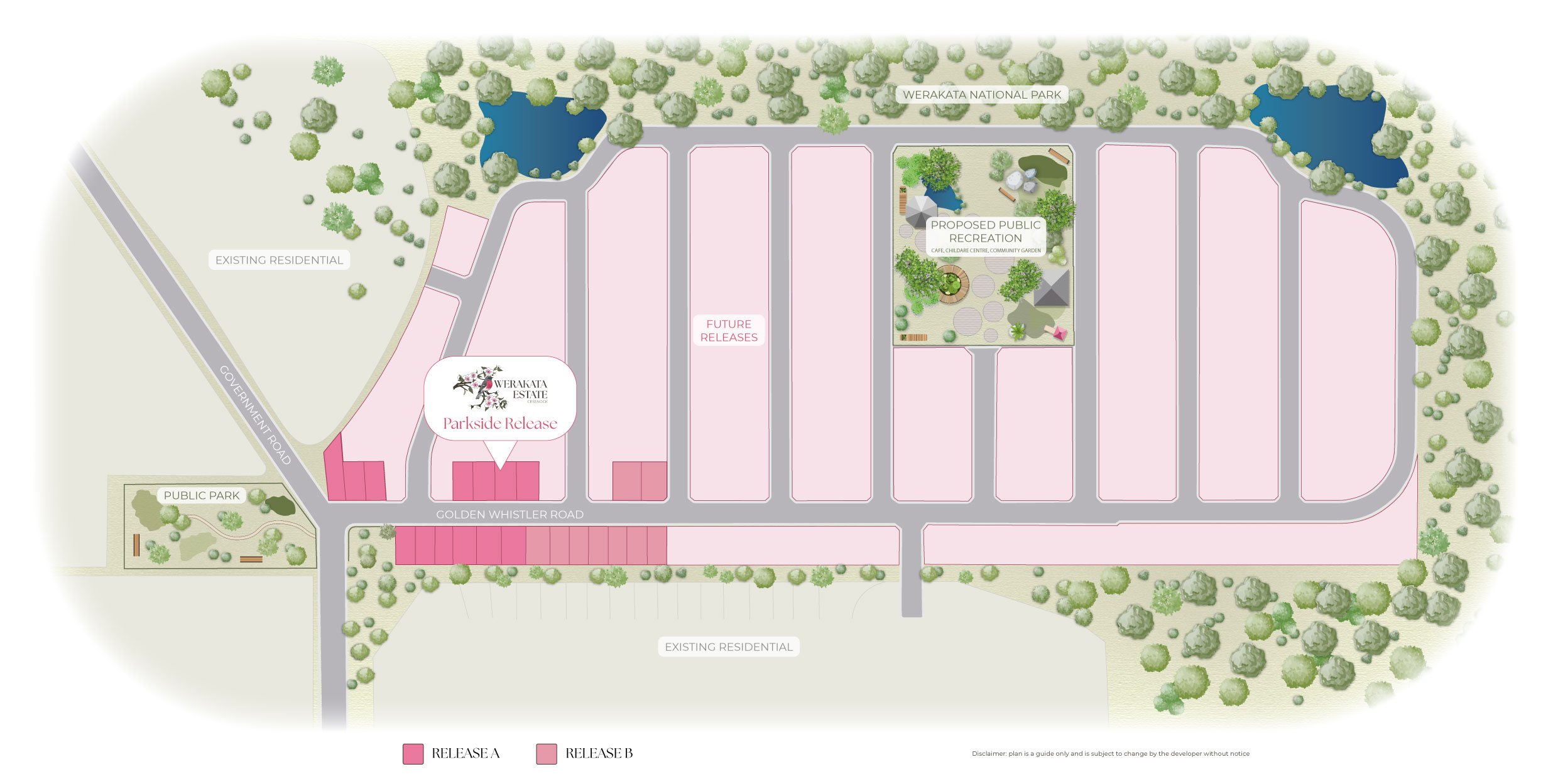 A site map for Werakata Estate showing residential development, parks, a proposed public recreation area, and future releases, with roads and green spaces surrounding the development.