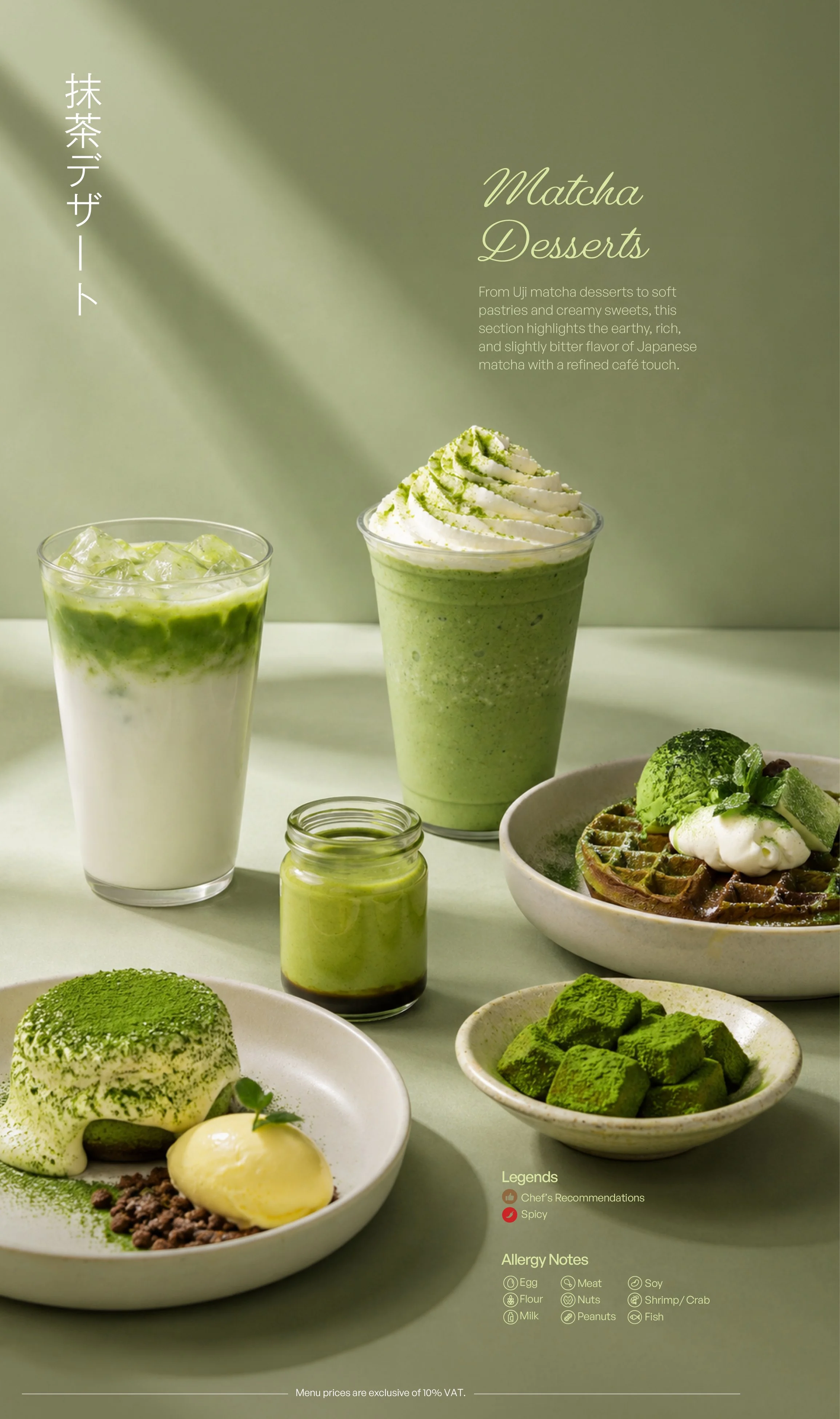 Various matcha desserts and drinks on a light green surface, including a whipped matcha latte, a matcha iced drink, a small jar of matcha paste, a bowl of matcha waffles with toppings, and a matcha cake with cream and green powder, with allergen and dietary notes included.