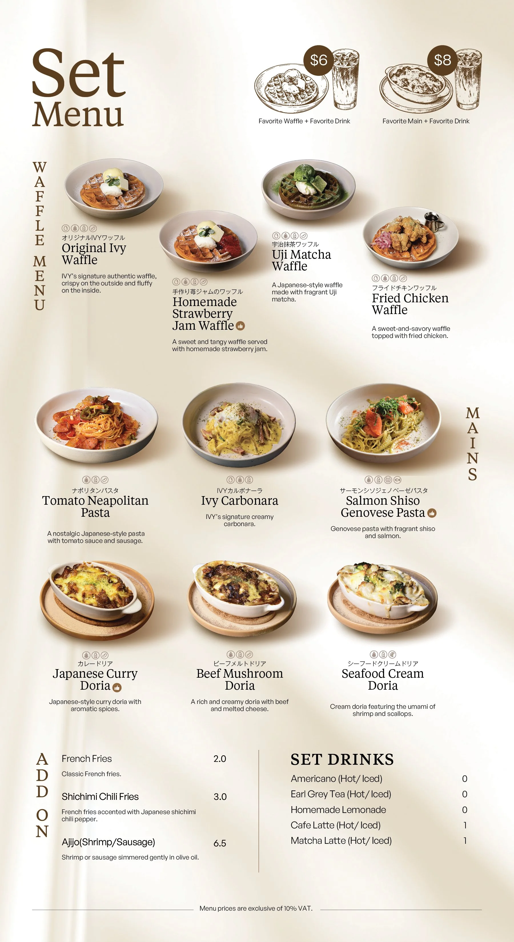 A menu with images of waffles, pastas, and other dishes. The waffle section includes Original Ivy Waffle, Uji Matcha Waffle, Homemade Strawberry Jam Waffle, and Fried Chicken Waffle, with prices ranging from $6 to $8. The pasta section features Tomato Neapolitan Pasta, Ivy Carbonara, and Salmon Shiso Genovese Pasta. Additional dishes include Japanese Curry Doria, Beef Mushroom Doria, and Seafood Cream Doria. The menu lists set drinks and side options.