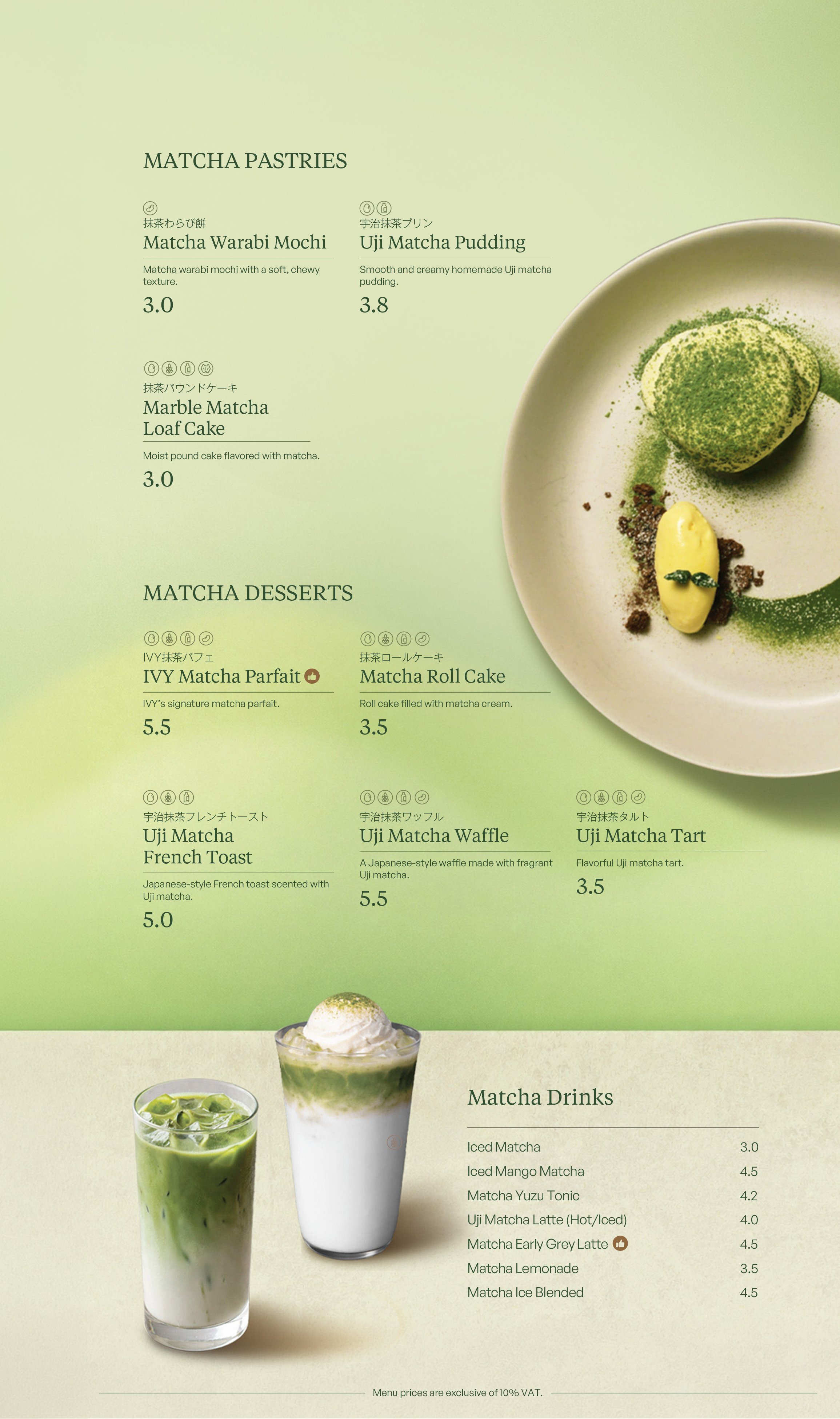 A menu featuring matcha pastries, desserts, and drinks with green and beige background. Includes items like Matcha Warabi Mochi, Uji Matcha Pudding, Marble Matcha Loaf Cake, and matcha drinks such as Iced Matcha and Matcha Lemonade.