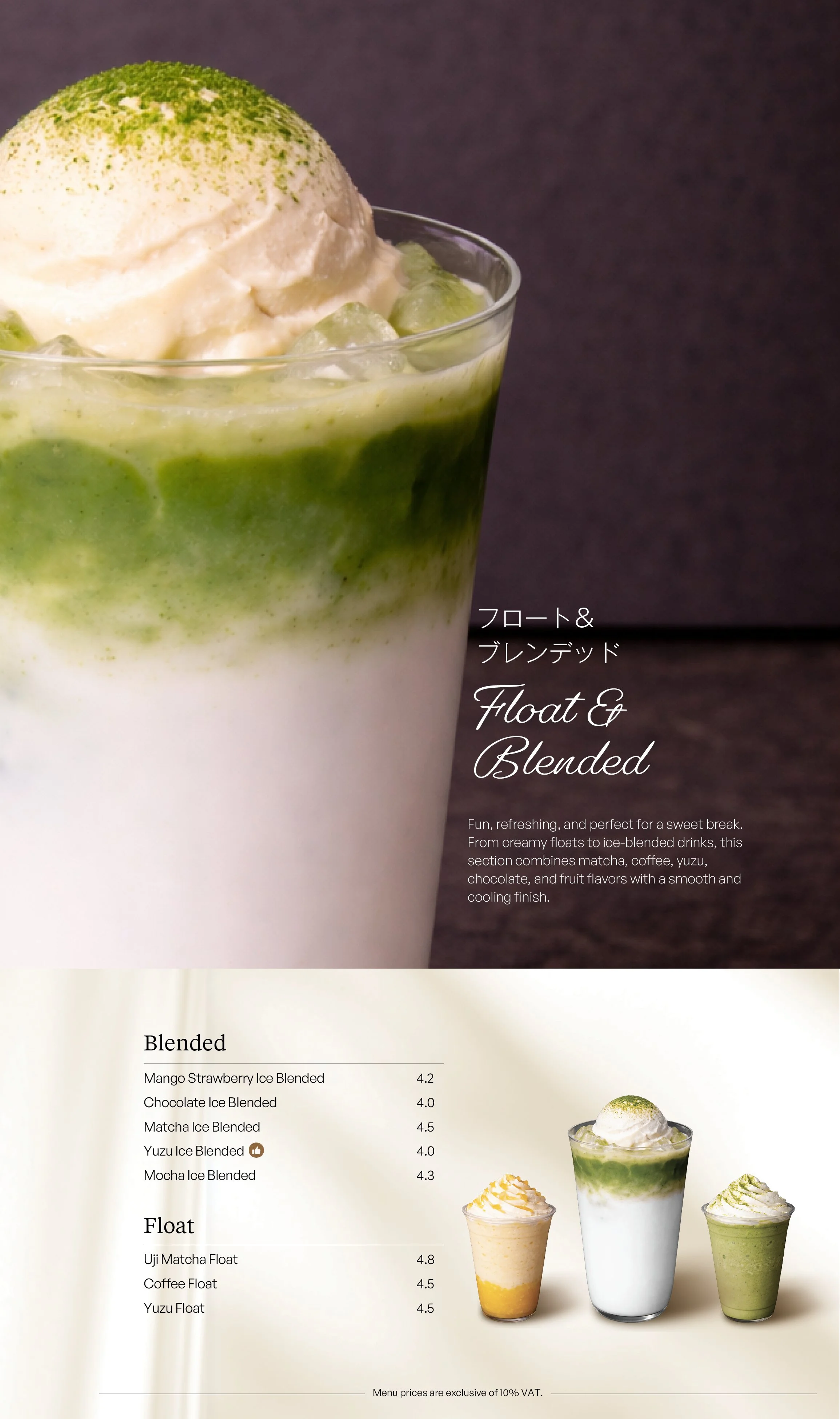 Close-up of a green and white matcha ice blended drink topped with a scoop of vanilla ice cream and a sprinkle of green matcha powder, served in a glass with ice cubes against a dark background.
