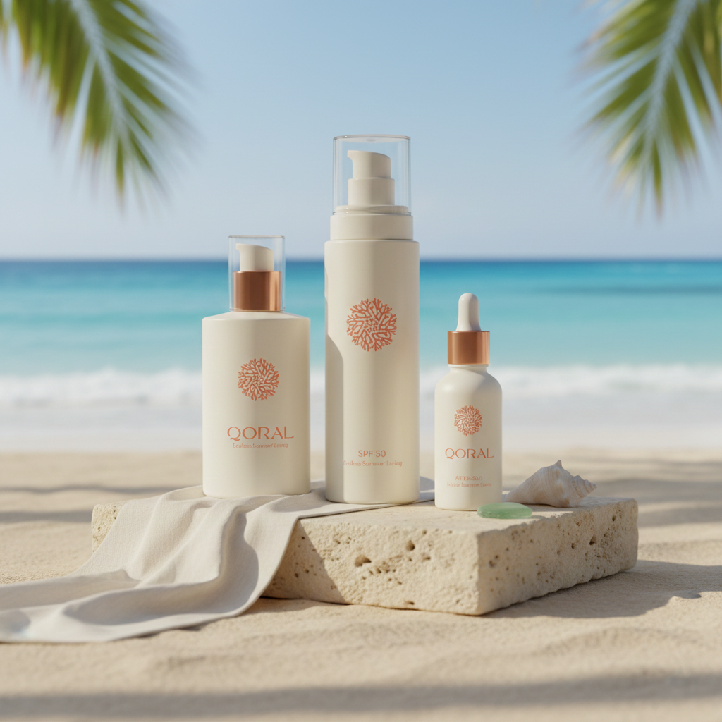 QORAL summer lifestyle and skincare brand identity by HOLOS, product range displayed on stone by the sea