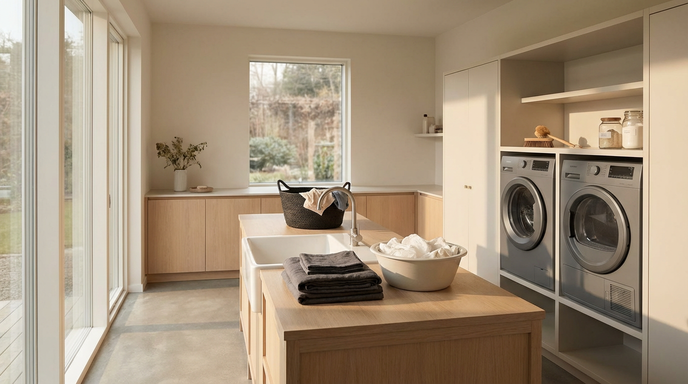 Modern laundry room with front-loading washer and dryer, wooden island with clean towels and a laundry basket, large window, and cupboards