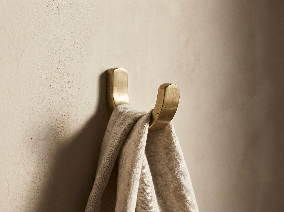 A brass wall hook holding a beige towel against a textured beige wall.