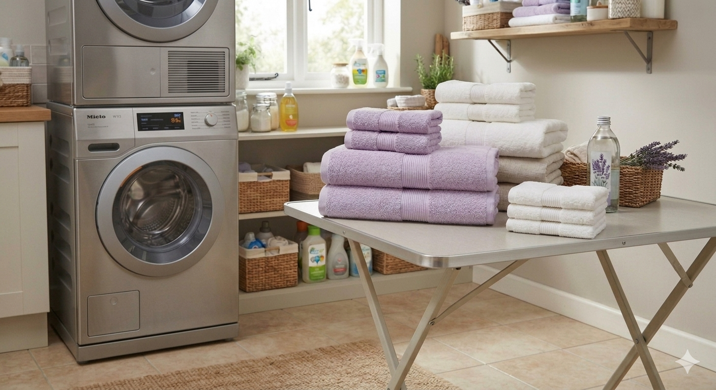 A laundry room with a stacked washer and dryer, a table with folded towels, a wicker basket with lavender, and cleaning products on a shelf in the background.