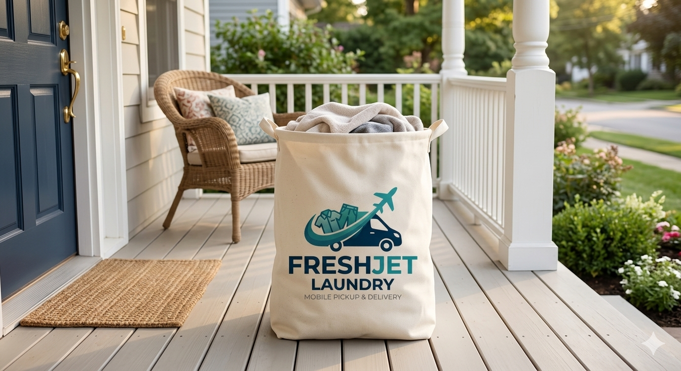 A laundry bag with 'Fresh Jet Laundry' logo sits on a porch, filled with folded clothes, with a wicker chair and a flower garden in the background.