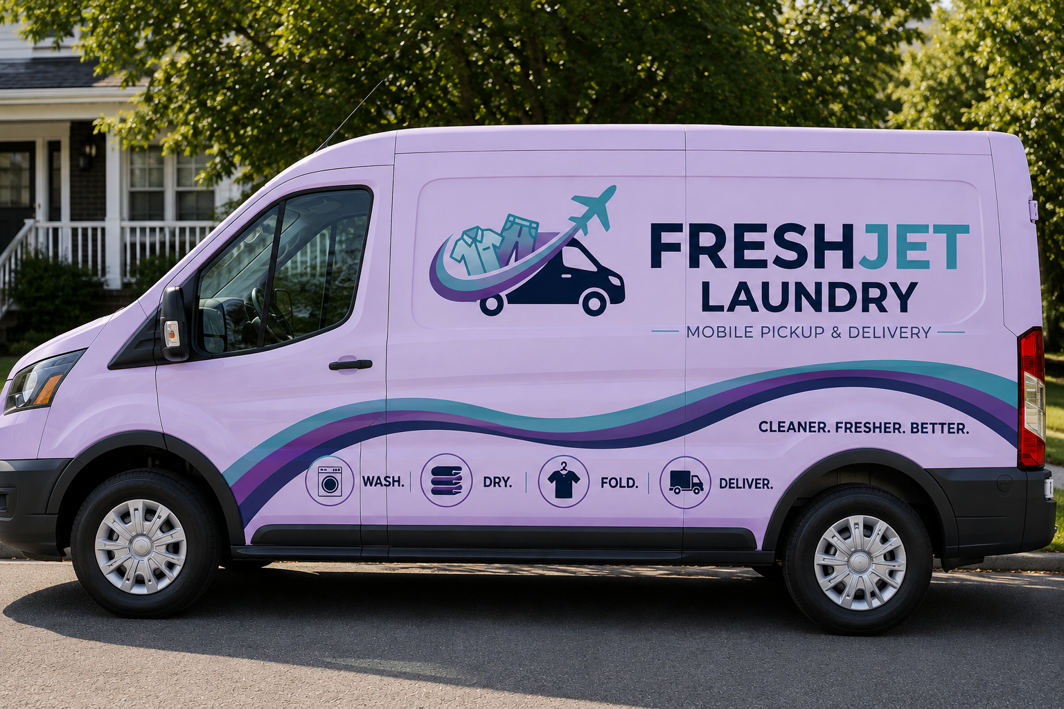 Pink delivery van with the logo and branding of FreshJet Laundry, featuring icons for washing, drying, folding, and delivery, parked on a street in front of a house with trees.