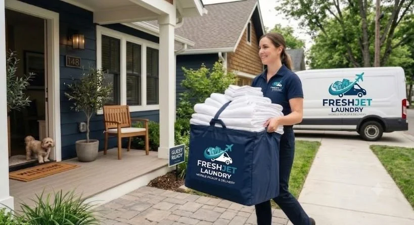 A woman delivering laundry from a FreshJet Laundry service van to a house, holding a large bag of neatly folded towels on the front porch.