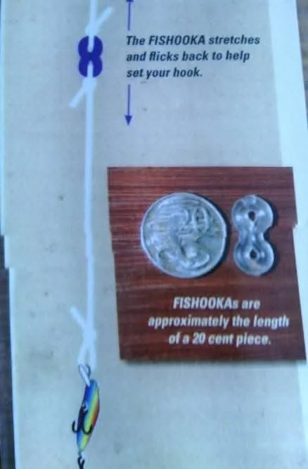 Close-up of instructions for FISHOOKA fishing hook, showing a hook, a 20-cent coin for size comparison, and an 8-shaped lure, with text explaining how the FISHOOKA bends and flicks to set the hook and that FISHOOKAs are about the length of a 20-cent 