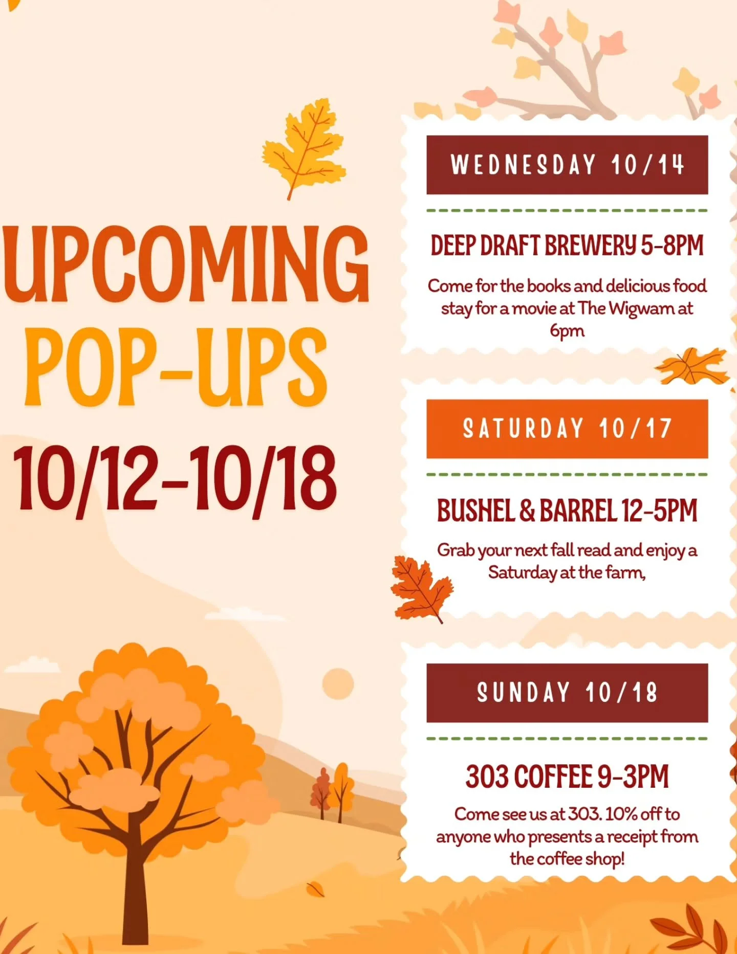Busy busy week ahead of us! 
On 10/14 we will be back at @deepdraftbrew and @wigwampub for some delicious food and movie night at 6pm!
Then this Saturday 10/17 we will be at @bushelandbarrel come out and grab some delicious cider and spend the the da