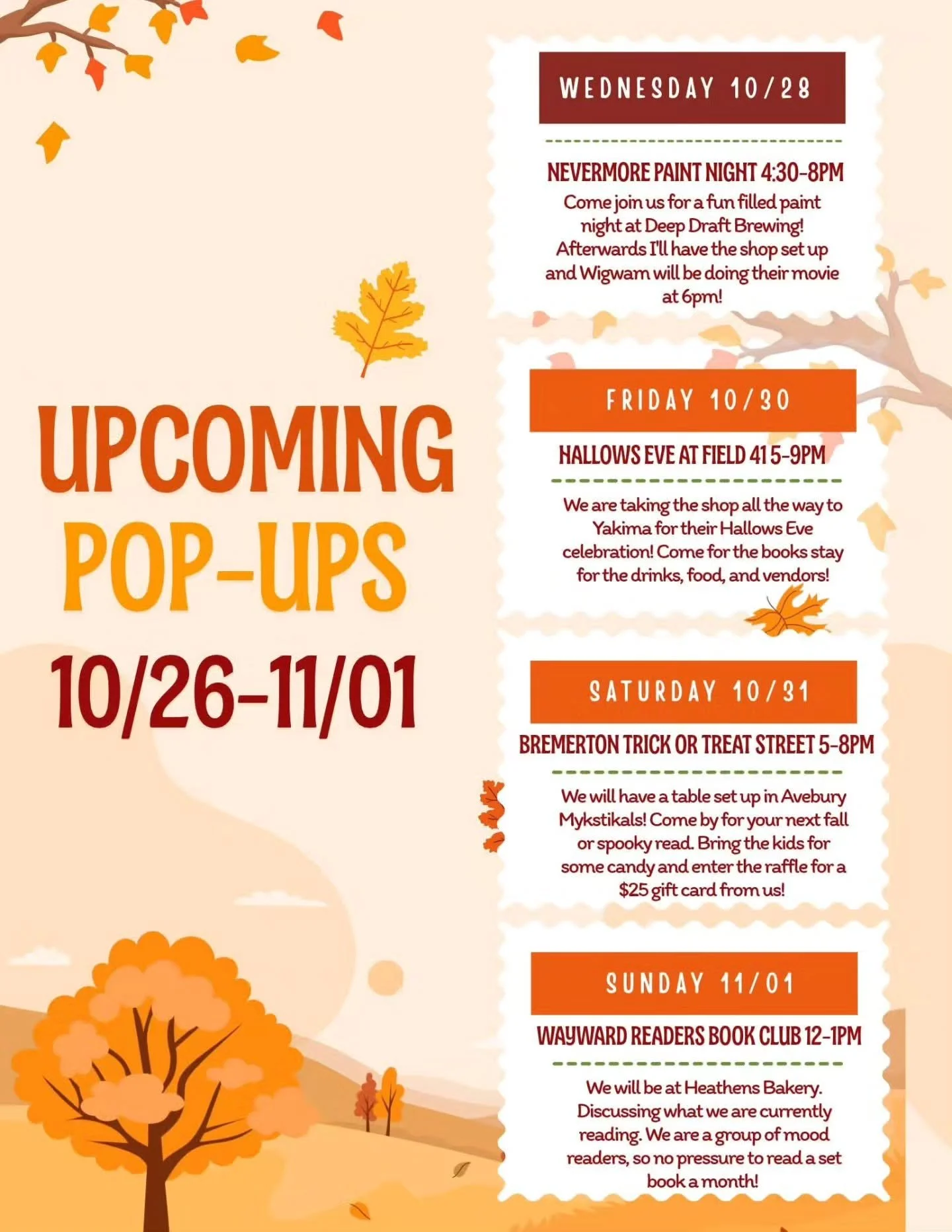 Busy week this week! 

10/28 - We will be parked at @deepdraftbrew for our Nevermore paint night with @kraftwithkaitlyn some tickets are still available. Grab them before they're all out.
10/30 - We will be taking the shop on a little road trip to Ya