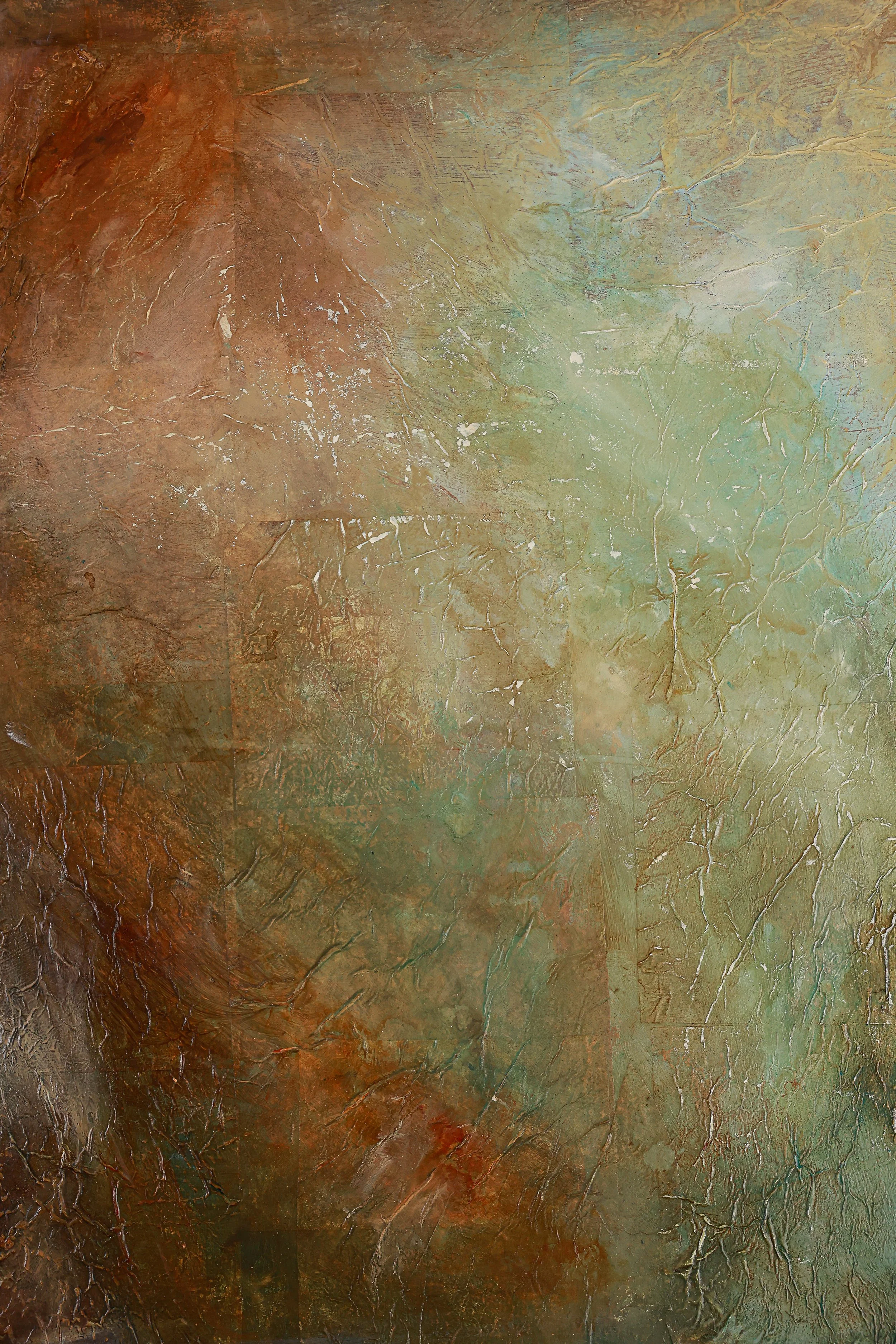 Deep End, 2026 , framed  18"W xx24"H x 1.5D, on wood panel.  Color pushed past its usual edges, this piece moves toward something looser, deeper, less held.  Cooler tones and a single warm current beneath the surface suggest depth without a floor - a