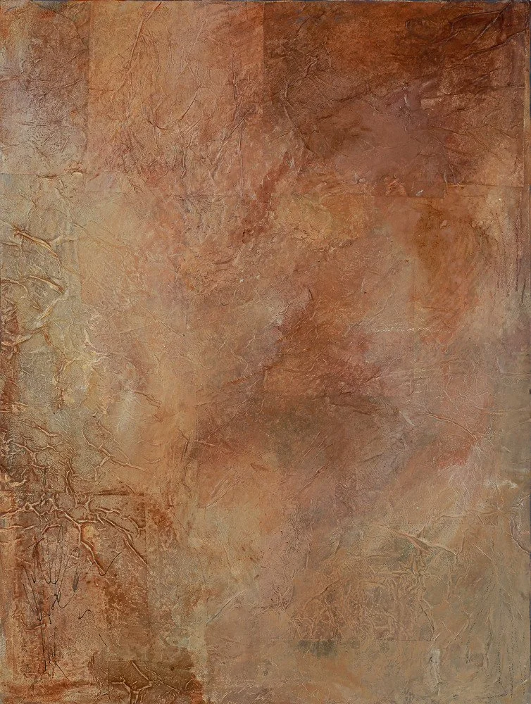 Amber Hold, 2026 - framed/overall size 19"W x 25"H x 2"D on wood panel.  The first large piece where experimentation took hold - layer by layer, each piece fitted into the next until the surface felt whole.  Warm tones catch the light differently fro