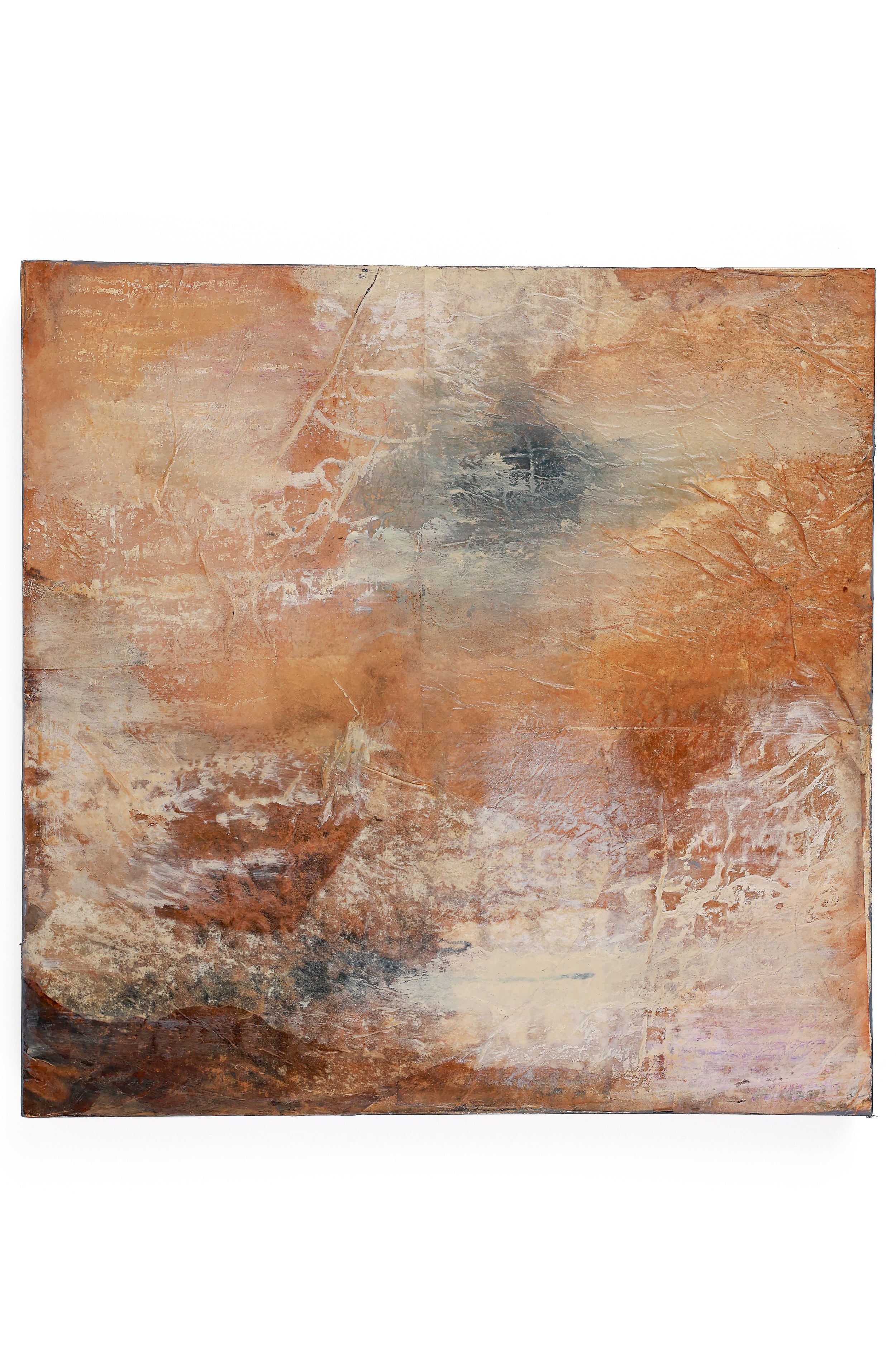 Wrapped, 2026, 12"W x 12"H x .75"D on wood panel.  Everything moves around it - and still a calm only found by staying close to the chaos, not running from it.